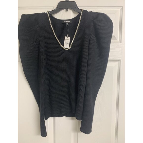 Express Sweaters - NWT Express Puffed Shoulder Rhinestone Trim Neckline Sweater Size L